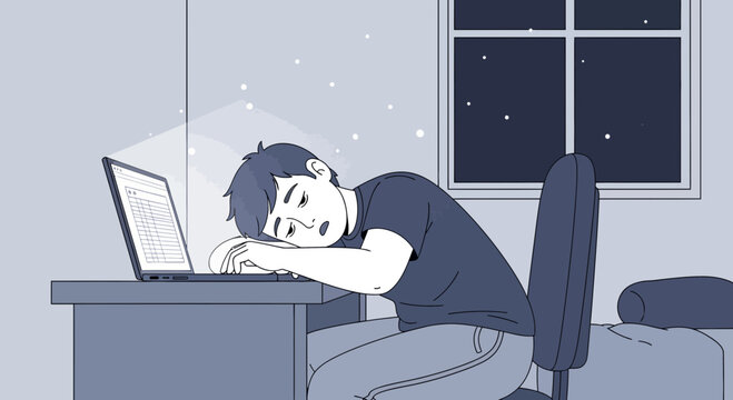 Tired student sleeping on desk at night, overwhelmed by late night study and laptop screen