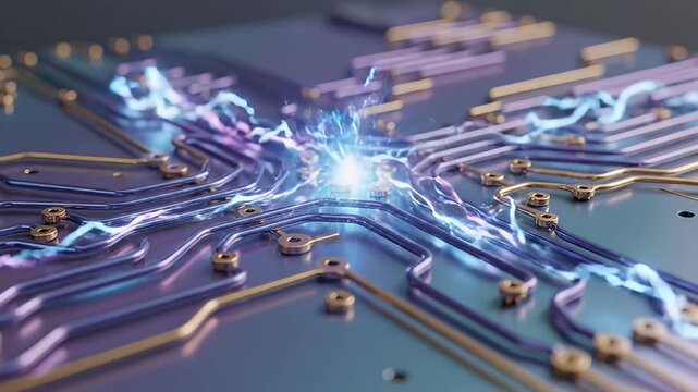 Close-up of a Futuristic Electronic Circuit Board with Glowing Energy