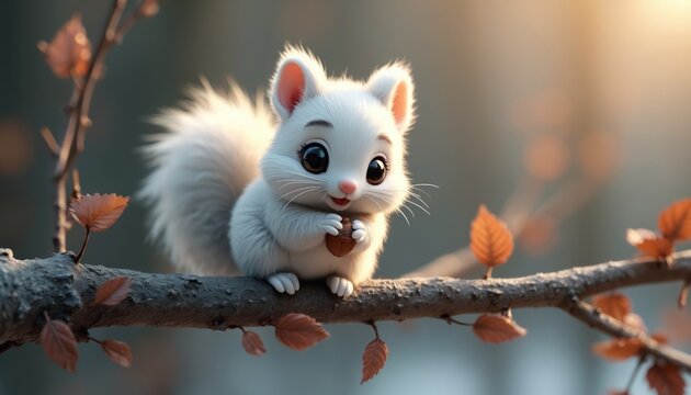 Small white squirrel with big dark eyes sits on tree branch holding acorn. Fluffy animal looks cute in soft autumn light. Furry creature nibbles nut on wood.
