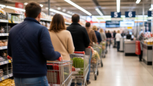 Queue of shoppers with carts in supermarket checkout area. Everyday grocery shopping, consumer demand, retail industry and modern urban lifestyle concept.