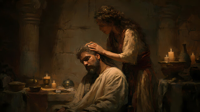 Painting of delilah deceiving samson symbolizing betrayal. Suitable for illustrating biblical stories, betrayal themes, and historical narratives in design projects.