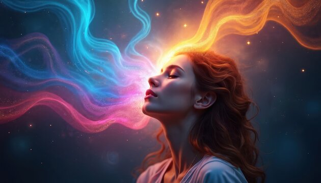 Woman head emits colorful light waves, abstract energy streams flow from mind. Thinking deeply, feeling emotions, unique perception of reality, spiritual awakening, neurodiversity concept.