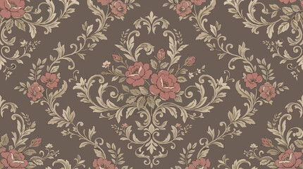 Elegant damask floral wallpaper pattern with ornate scrollwork and vintage texture. © izzstudio