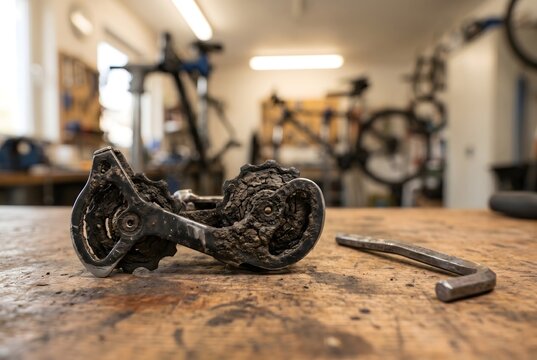 Mountain bike derailleur with rock-hard caked-on mud and old lube