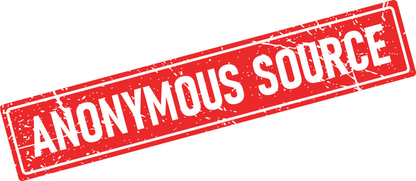 Grungy red rubber stamp with white text reading ANONYMOUS SOURCE imprinted on a clean white surface