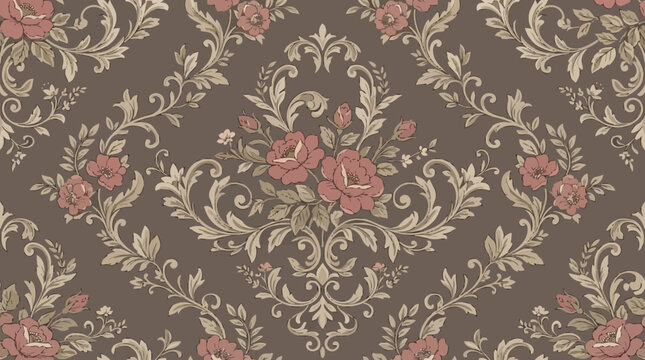 Elegant damask floral wallpaper pattern with ornate scrollwork and vintage texture.