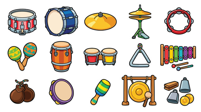 Collection of various percussion musical instruments, isolated on a white background.