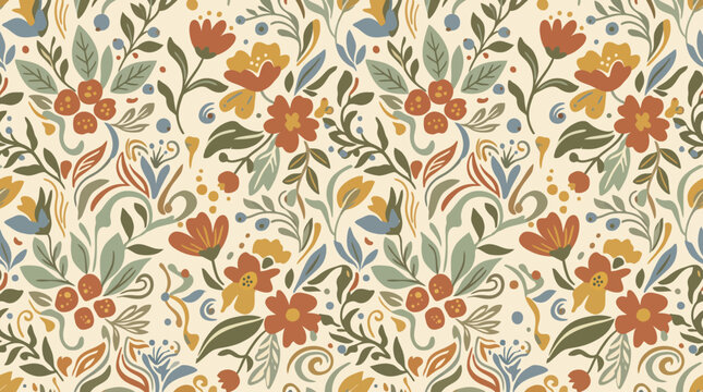 Floral botanical seamless pattern with orange flowers and teal leaves for textile design and decoration.