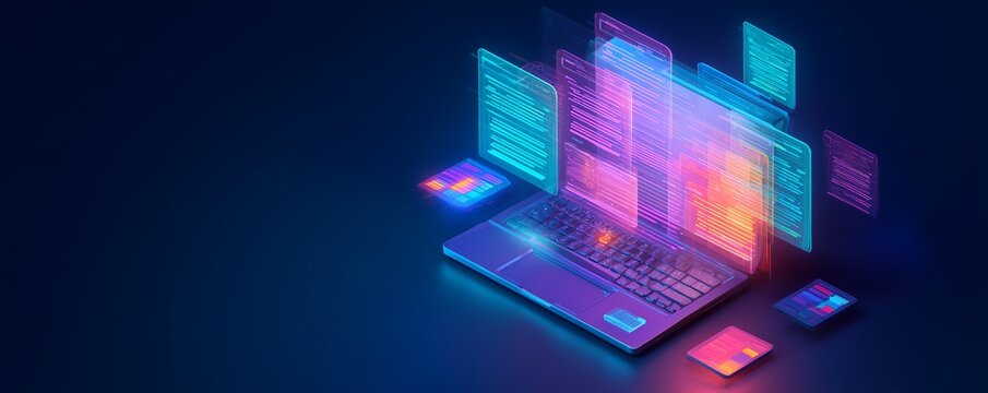 Isometric view of a programmer's laptop displaying holographic code windows with neon glow, concept for software development, data science project and digital interface design