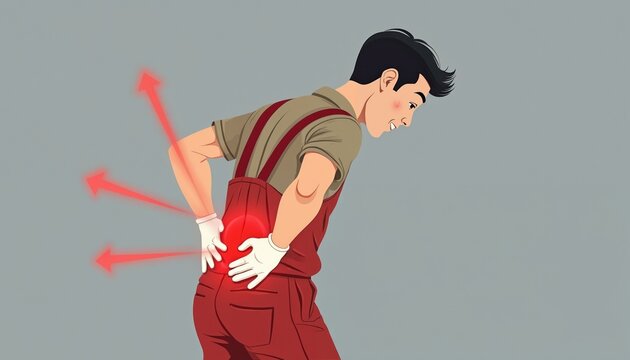 Asian male worker experiences acute lower back pain from heavy lifting on job. Red arrows indicate intense sharp pain radiating from lumbar region. Man grimaces with effort, discomfort during labor.