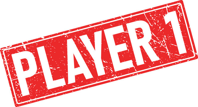 Red distressed rectangular rubber stamp imprinted with PLAYER 1 in white letters