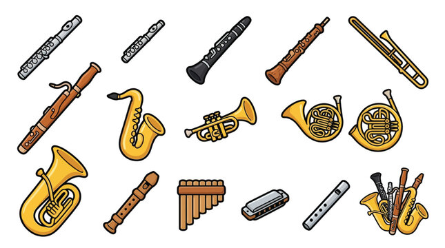 Collection of various musical instruments, including wind and brass instruments, isolated on a white background.