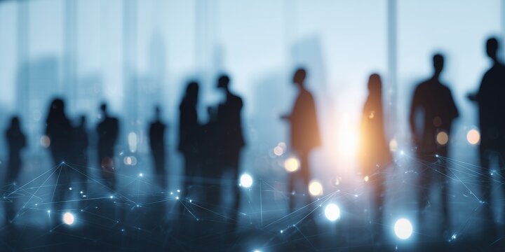 Silhouettes of business people in a modern office with glowing network grid overlay, concept for technology, global communication and corporate strategy