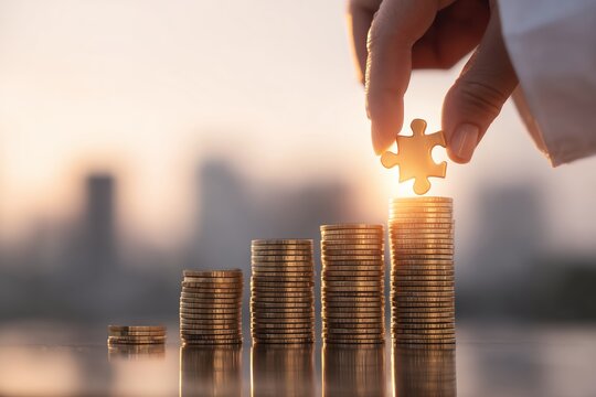 Businessman hand places golden puzzle piece atop rising stacks of coins against city skyline concept for investment strategy, financial growth and successful business planning