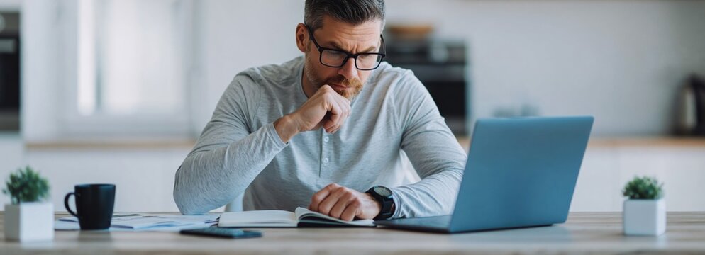 Man in light blue shirt and glasses is sitting at desk, looking intently at his laptop. He has his hand on his chin, appearing to be deep in thought.