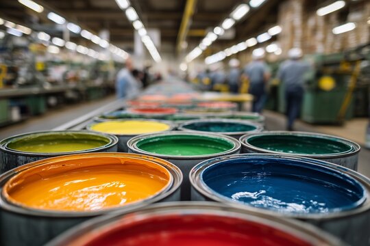 Close-up of open paint cans with vibrant colors in a factory setting with workers, concept for manufacturing process, industrial production and color mixing