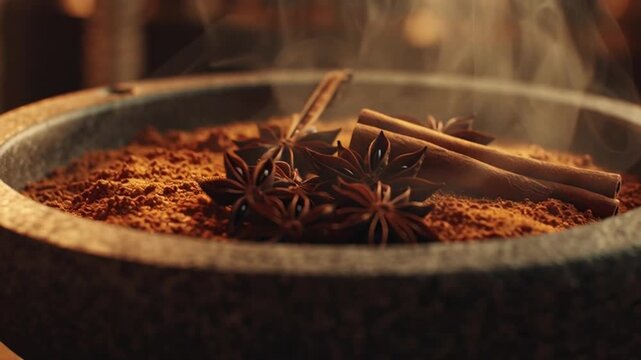 Cinematic footage of steaming aromatic spices and food in a rustic bowl in India