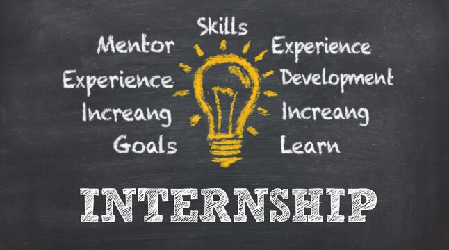 Chalkboard illustration symbolizing internship benefits like skills, experience, and learning, centered around glowing lightbulb.