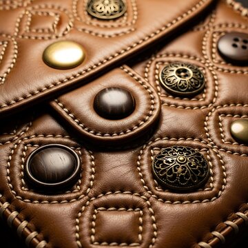 Ornate Brown Leather Bag with Decorative Stitching and Metal Buttons in Close Up Detail