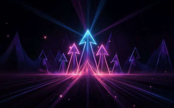 Neon arrows glow brightly guiding paths through a futuristic digital