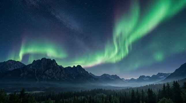 Cinematic view of green and purple aurora dancing over jagged rocky mountains and a pine forest shrouded in light misty fog at night