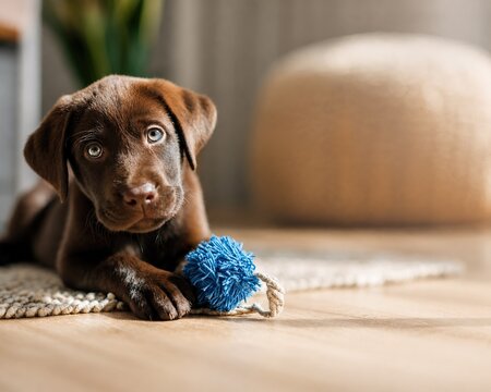 Adorable chocolate Labrador puppy playing with blue toy on cozy living room carpet, cute domestic dog with copy space, warm lifestyle pet photography and emotional home concept