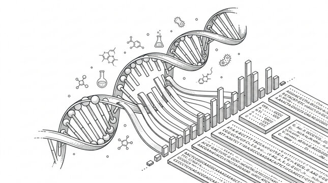 Detailed illustration of a DNA helix transforming into digital data, showcasing genetic sequencing and bioinformatics research in a scientific context.