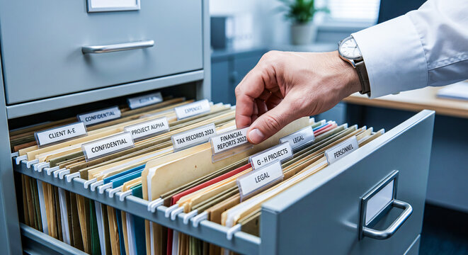 Main d'homme d'affaires prenant un dossier dans un tiroir de bureau