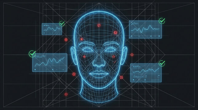Futuristic wireframe human face with glowing data points and analytical charts, representing advanced AI facial recognition and biometric evaluation.
