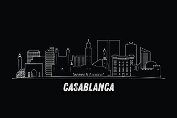Obraz premium Minimal Casablanca, Morocco skyline line art with iconic landmarks and modern architecture isolated on black background illustration.
