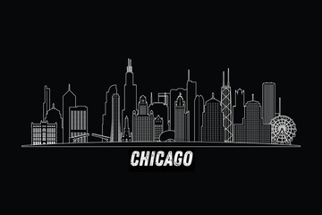 Fototapeta premium Minimal Chicago, Illinois, USA skyline line art with iconic landmarks and modern architecture isolated on black background illustration.