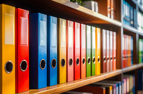 Rang&eacute;e de classeurs color&eacute;s sur une &eacute;tag&egrave;re dans un bureau
