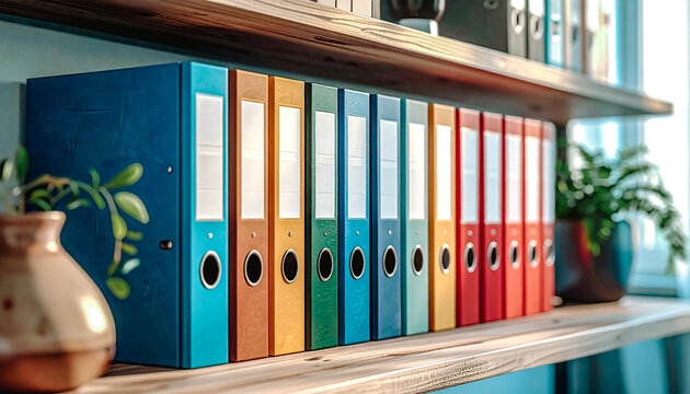 Rang&eacute;e de classeurs color&eacute;s sur une &eacute;tag&egrave;re dans un bureau