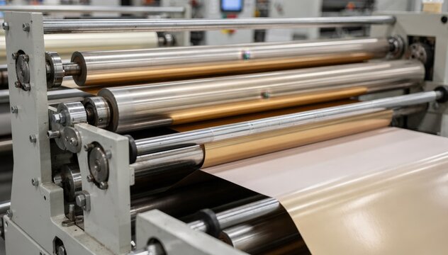 Detailed medium view of narrow web highspeed laminator bonding paper and foil films showcasing precision rollers ensuring thin web applications for labels and flexible packaging.