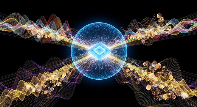 Quantum processor core radiates golden energy waves through a dark space with vibrant cinematic lighting. Perfect for high-speed telecommunications and supercomputing marketing.