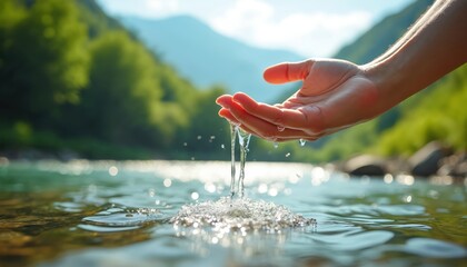 Fototapeta premium Hand scoops pure river water. Natural liquid flows down from cupped palms. Background shows green hills and mountains. Bright sun shines on water.