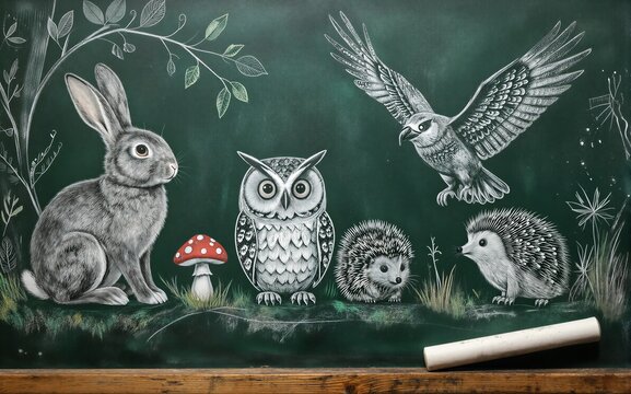 Chalkboard drawing of woodland animals including owl hedgehog rabbit