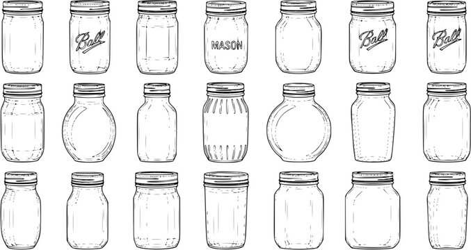 Vintage Mason Jar Collection: Hand-drawn sketch illustration of assorted empty canning jars and glass containers in various classic and unique shapes and sizes.