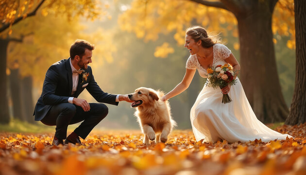 Newlyweds with golden retriever dog run in autumn forest covered with leaves. Happy bride and groom play with pet amidst fall foliage, celebrating marriage. Joyful family bond unfolds.