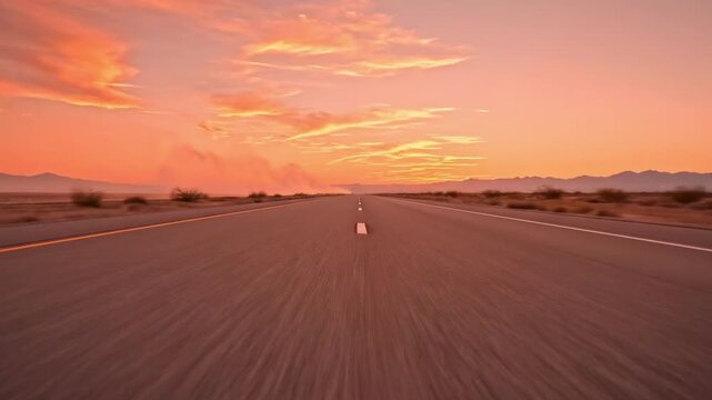 Cinematic sunset road across a silent desert highway with low asphalt perspective, orange cloud glow, distant mountains, warm dust haze, forward motion blur, empty travel landscape at golden hour