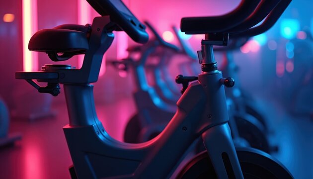 Stationary bikes line up in dark studio. Pink and blue neon lights glow on gym equipment. Cardio cycling class prepares for workout session. Modern fitness training indoors.