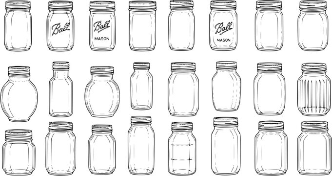 Hand-Drawn Collection of Empty Glass Jars and Mason Jars. Diverse Line Art Sketch Illustration Set featuring Various Shapes and Sizes for Kitchen, Food Storage, and Home Decor.