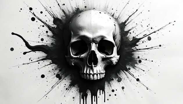 Monochrome skull illustration features dramatic black ink splatters radiating outward on white background. Artistic graphic design, grunge style, abstract bone anatomy.