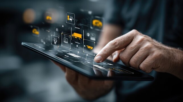 Manager analyzing supply chain data on a tablet with holographic logistics, inventory, and delivery tracking graphics. 