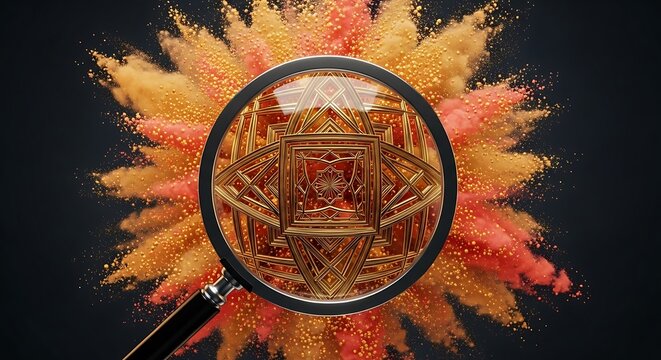 Magnifying glass examines a detailed golden pattern through a lens against a dynamic splash of orange dust. Sharp focus captures every detail. Ideal for search engine optimization marketing.