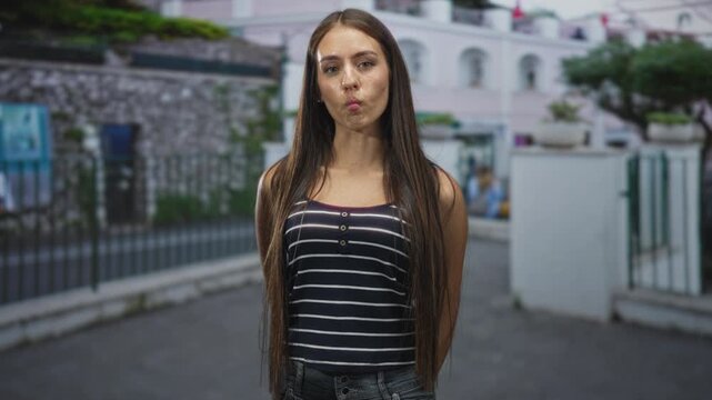 Teenage woman pouts lips, shoulders bare in striped tanktop, standing with arms behind back on a street by a building; playful confidence.