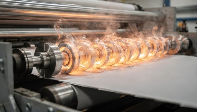 Medium shot focusing on gasboosted heated cylinders intensifying evaporation of water from paperboard web in a dynamic drying process.