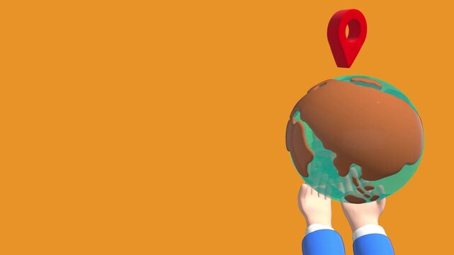 Human hands holding earth with falling map pin