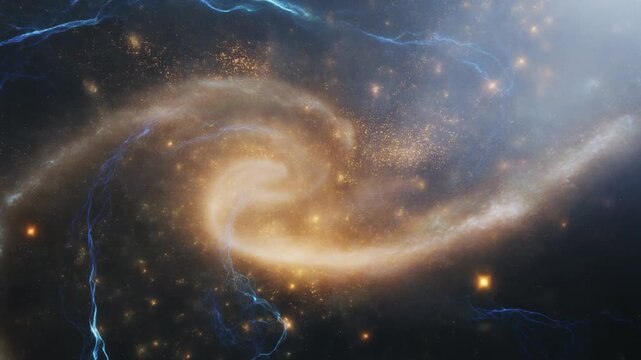 Glowing spiral galaxy rotating in deep space with vibrant golden stars and mysterious blue energy currents across the dark void