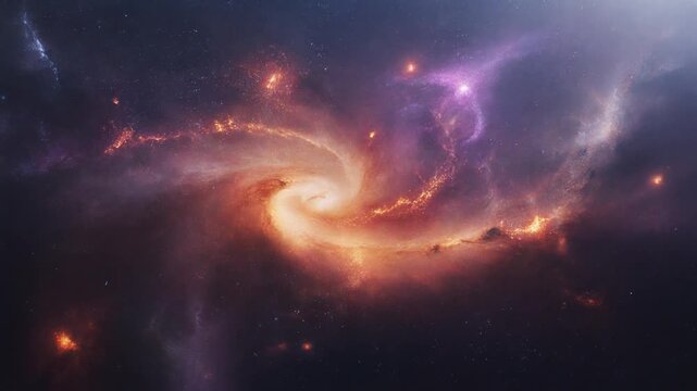 Glowing spiral galaxy rotating through deep space with bright orange nebulas and countless distant stars shining in the dark void